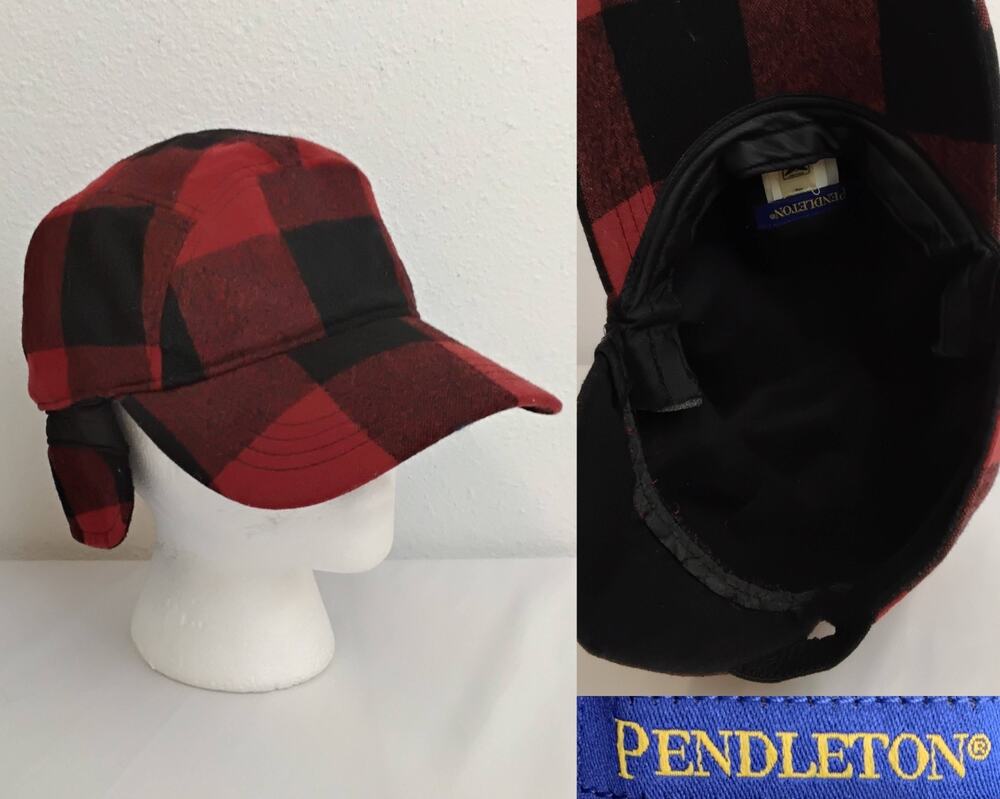 Pendleton 100% Wool Trapper Hat Size Small Red Plaid Vintage Made in USA #J5840